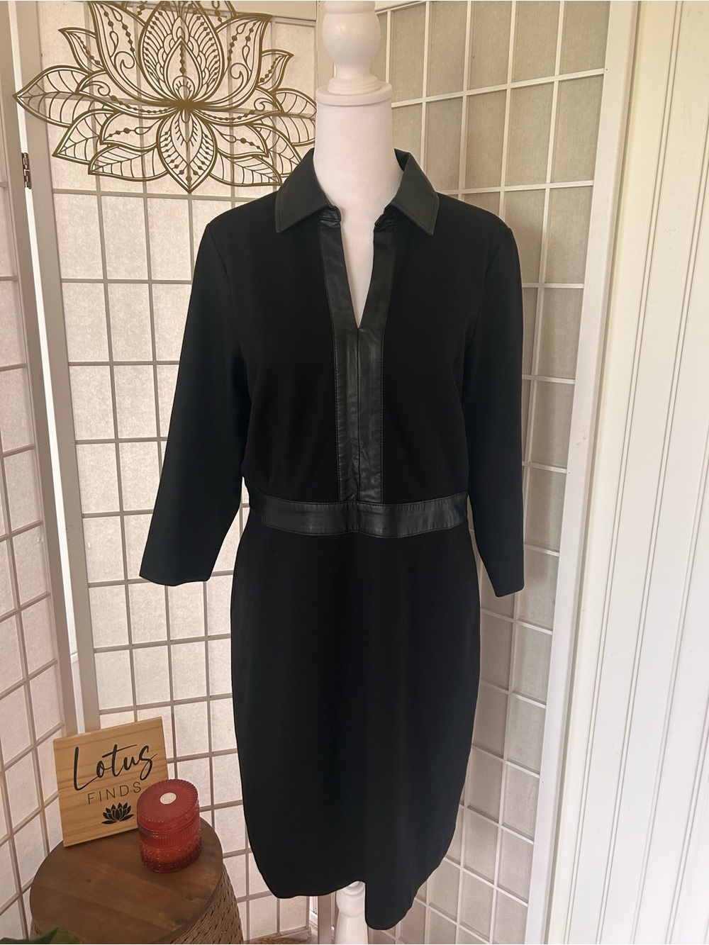 Talbots Black Faux Leather-Trim Stretch Sheath Dress Size 10 Petite